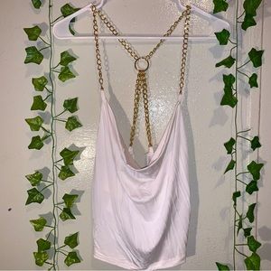 White Crop Tank Top with Gold Chain Strap